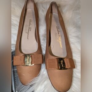 Salvatore Ferragamo Tan Leather Flats with Gold Buckle